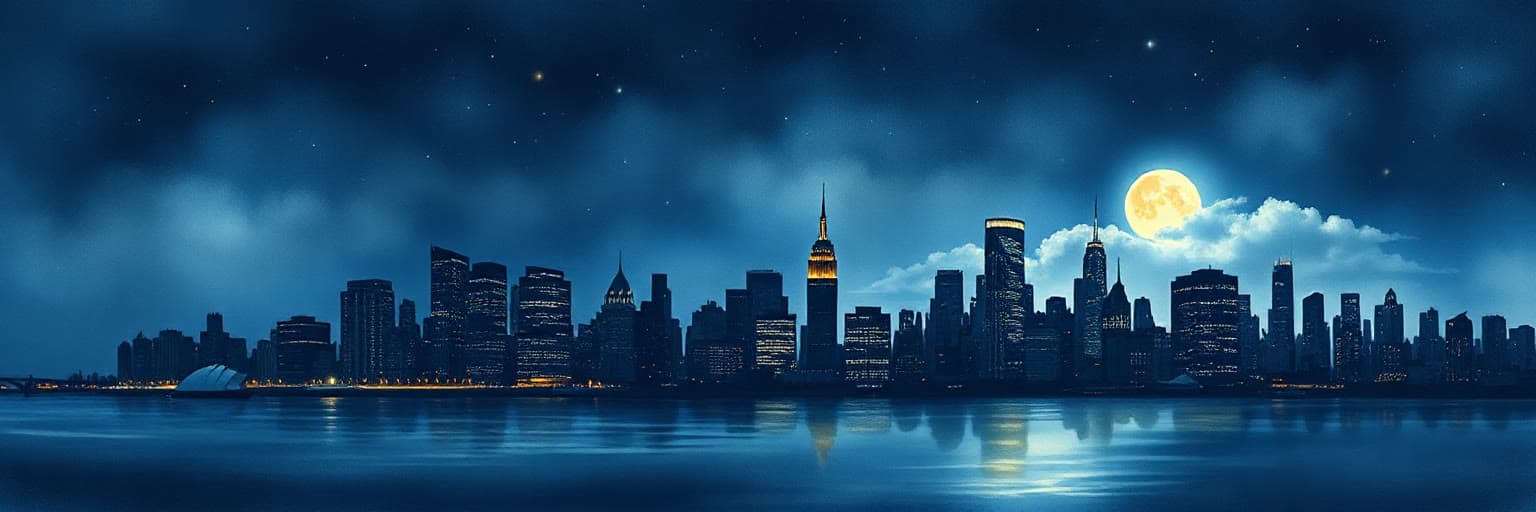 Manhattan resting across a moonlit river